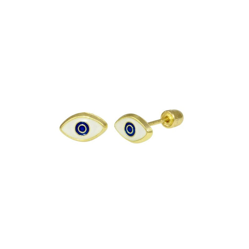 14 Karat Yellow Gold Evil Eye Black Screw Back Stud Earrings