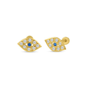 14 Karat Yellow Gold Blue and Clear Evil Eye Screw Back Stud Earrings