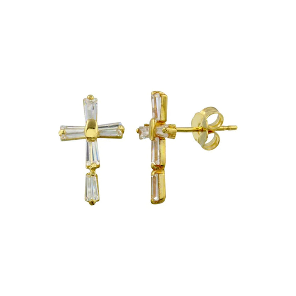 Yellow Gold Cross Baguette Stud Earrings