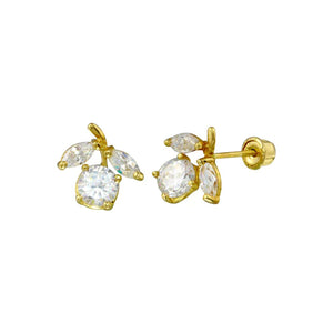 Yellow Gold Flower Clear Screw Back Stud Earrings