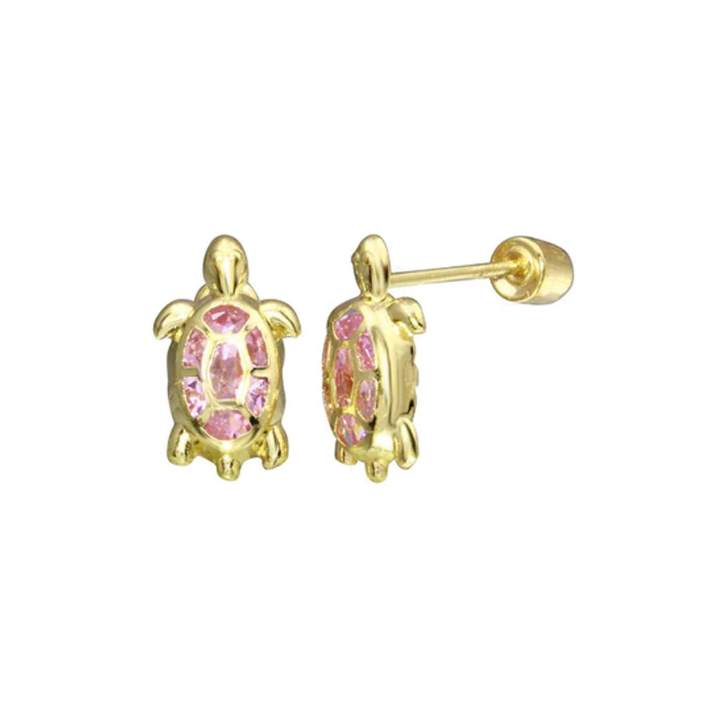 Yellow Gold Turtle PINK Stud Earrings