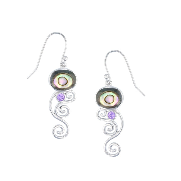 Abalone Oval Shape with Round Bezel Amethyst Swirl Earring