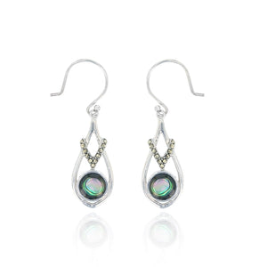 Abalone Round Shape on Open Teardrop Marcasite Earring