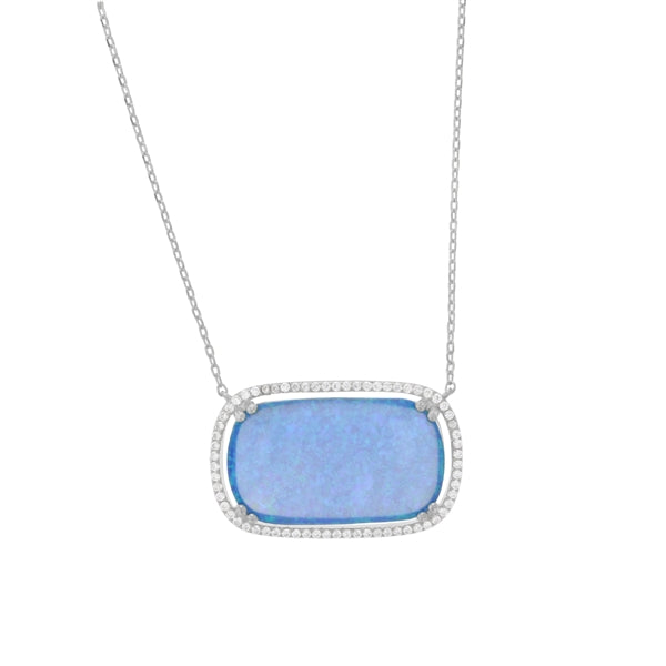 Blue Opal Rounded Rectangle Halo Necklace