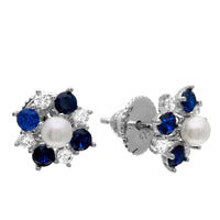 Rhodium Plated Blue Flower Earrings with Center Fresh Water Pearl