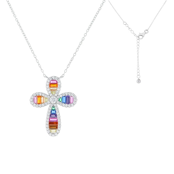 Rhodium Plated Cross Baguette Multi Color Necklace