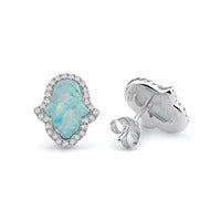 Rhodium Plated Hamsa Opal Stud Earrings