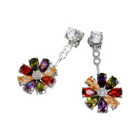 Rhodium Plated Multi Color Sun Flower Hanging Front and Back Earrings