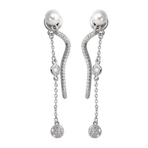 Rhodium Plated Front and Back Dangling with Pearl