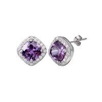 Rhodium Plated Square Amethyst Clear Stud Earrings